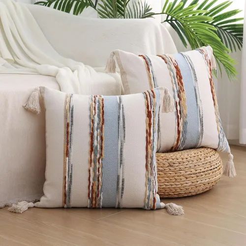 Vista 8 de Simmore Juego de 2 fundas de almohada decorativas estilo bohemio de 18 x 18 pulgadas, fundas de almohada estilo rústico copetudas con borlas