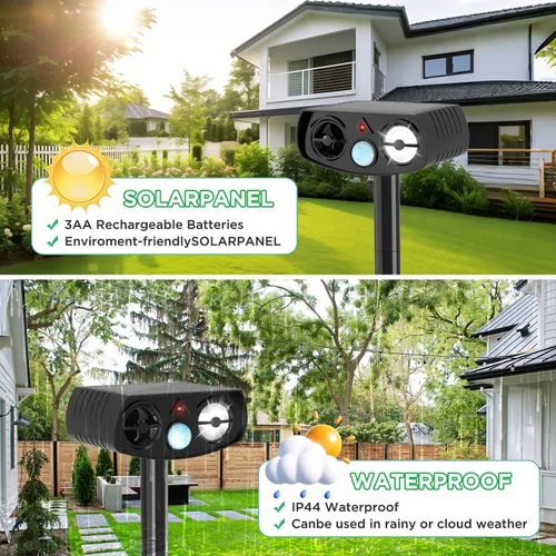 Vista 3 de Repelente solar de animales para exteriores, disuasorio ultrasónico activado por movimiento con luz LED, repelente al agua para patio, jardín