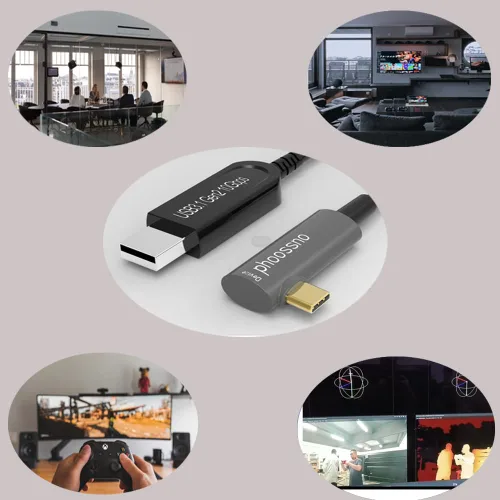 Vista 4 de Cable de extensión USB A a C de fibra óptica USB 3.2 Gen2 10Gbps 10M 33 pies en ángulo recto compatible con Microsoft Azure Logitech Aver Vaddio