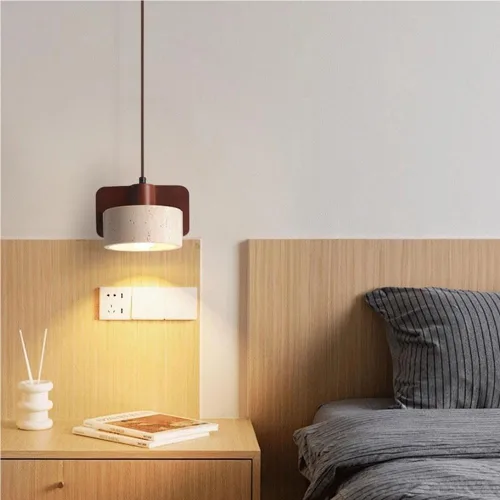 Vista 2 de Single Head Vintage Pendant Light Fixture Modern Cylinder Travertine Hanging Lamp Nordic Retro Solid Wood Chandelier for Dining Room Bedside Hallway