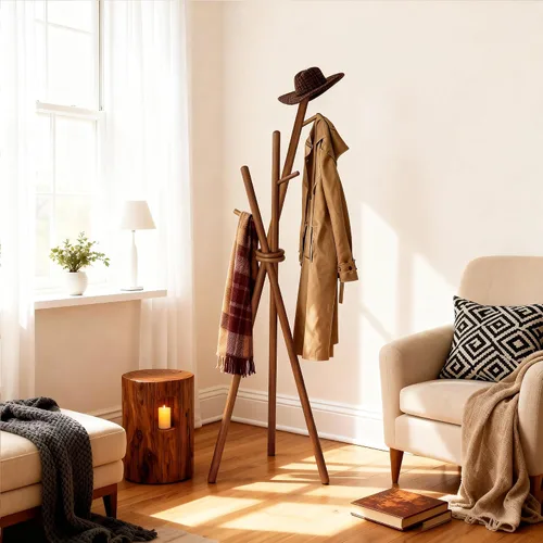 Vista 8 de VICITON Perchero de madera, trípode independiente con 3 ganchos para ropa, sombreros y bolsos, perchero para dormitorio, sala de estar, entrada