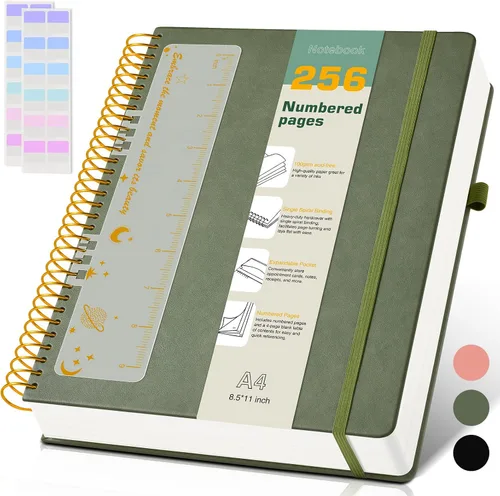 Vista 15 de Cuaderno de espiral A4 de 8.5 x 11 pulgadas, 256 páginas numeradas, de tapa dura, de cuero, para mujeres y hombres, cuadernos grandes rayados