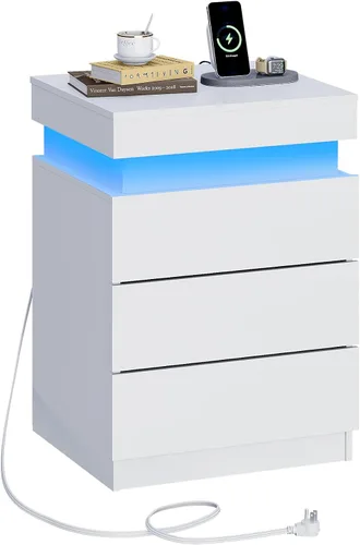 Vista 11 de WLIVE Mesita de noche con estación de carga y luces LED, moderna mesita de noche con 3 cajones y parte superior deslizante, mesa auxiliar con Negro