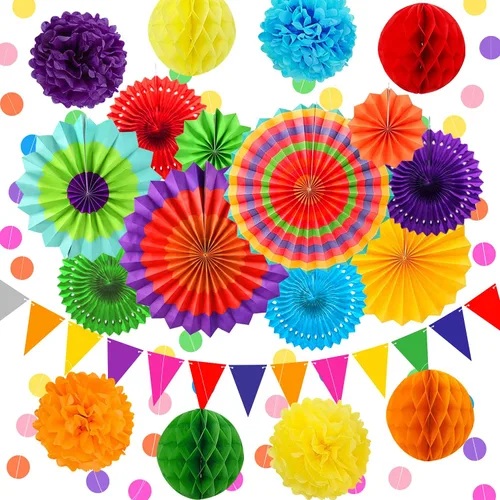 Vista 20 de Juego de 24 piezas de decoración de fiesta de cumpleaños azul marino dorado para baby shower with Hanging Paper Fans Pom Poms Flowers Garland