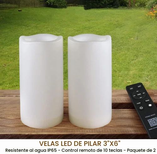 Vista 2 de Paquete de 2 velas LED blancas de 3 x 6 pulgadas para exteriores IP65 impermeables, velas de pilar alimentadas con temporizador y control remoto