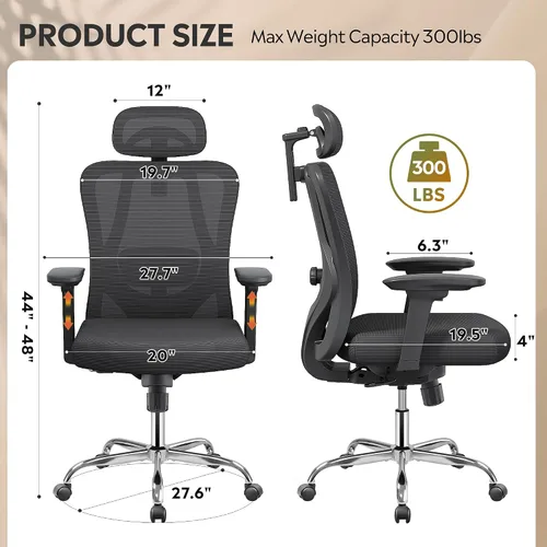 Vista 3 de DEVAISE - Silla ergonómica de malla para oficina con reposacabezas 3D ajustable y función de inclinación, silla grande y alta reclinable y cómoda