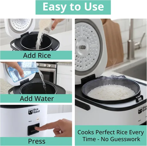 Vista 4 de Rice Robot - Arrocera personal, sin PFAS, antiadherente. Capacidad de 1 cuarto, con bandeja de vapor de acero inoxidable, tazas medidoras, libro