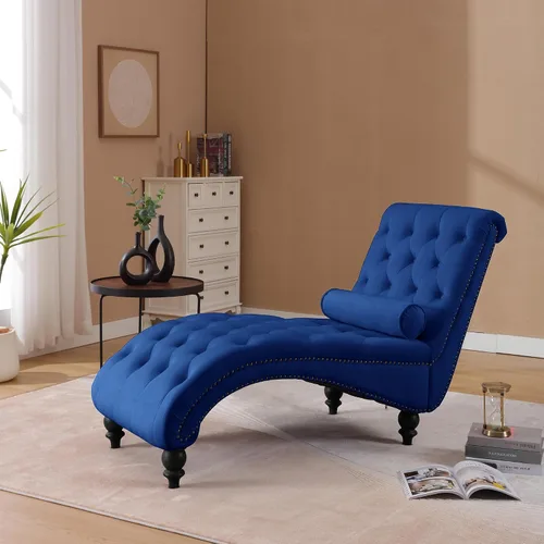 Vista 11 de Tumbona con botones para interiores, tumbona de terciopelo con patas y almohada, respaldo enrollado sin brazos, sofá reclinable para sala de estar