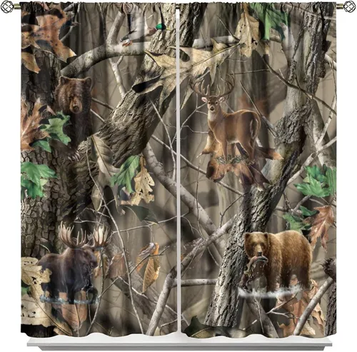 Vista 56 de Cortinas opacas de camuflaje de bosque, animales salvajes, osos, ciervos, alces, con bolsillo para barra, para sala de estar, dormitorio, decoración
