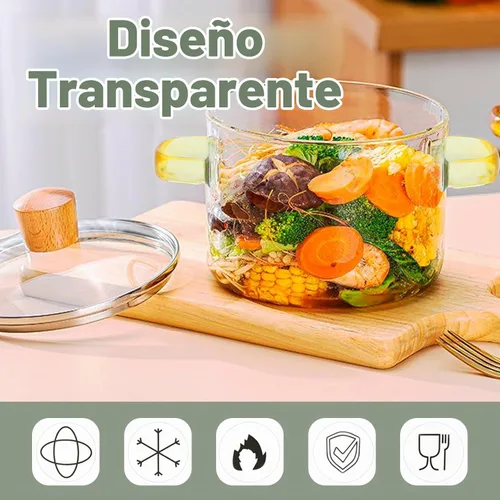Vista 6 de Olla de cocina de vidrio transparente de 1.5L 2 litros con colador y tapa, resistente a la estufa con tapa, asas antiquemaduras, cacerola de vidrio