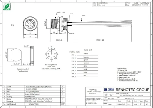 Vista 4 de Elecbee M12 macho zócalo A codificó 8Pin montaje trasero recto para cable 0.2M soldadura impermeable conector