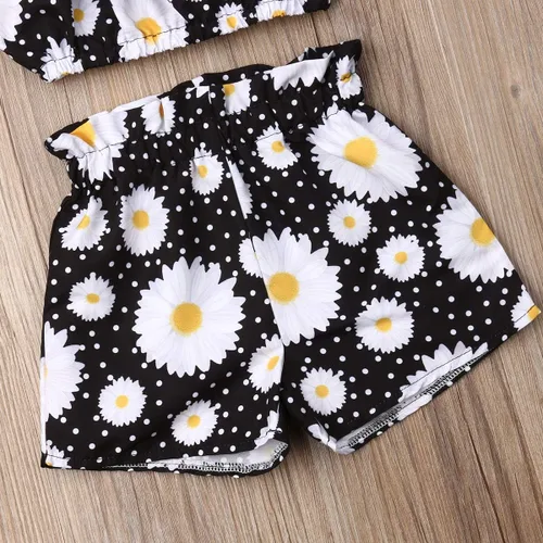 Vista 4 de Conjunto de 2 piezas de ropa con volantes y cuello halter floral para niños pequeños