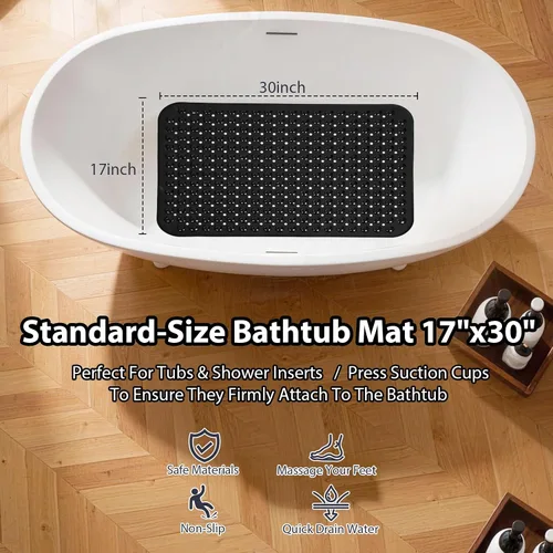 Vista 2 de Tapete de ducha negro antideslizante de 17 x 30 pulgadas, tamaño estándar, tapete de baño de burbujas suaves para ducha interior, tapete de baño