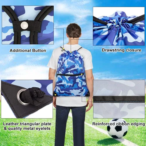 Vista 3 de Mochila deportiva con cordón, bolsa de gimnasio para yoga, viajes, para mujeres y hombres, tamaño grande con bolsillos con cremallera, Camuflado