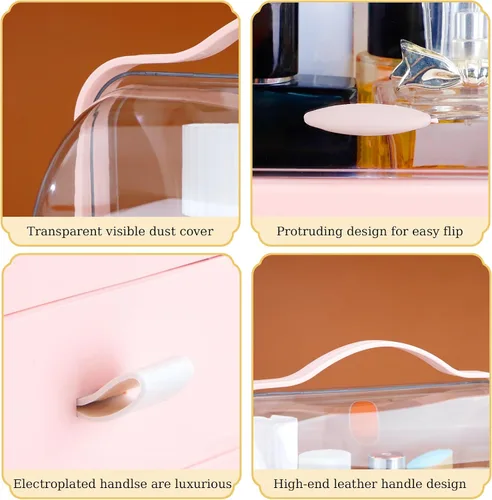 Vista 3 de Nervure Organizador de maquillaje rosa, caja de almacenamiento de cosméticos con tapa, organizador de maquillaje con cubierta libre de polvo y asa