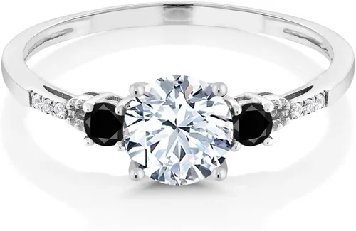 Vista 3 de Gem Stone King Anillo de compromiso de oro blanco de 10 quilates con diamantes negros y diamantes blancos creados con zafiro blanco de 3 piedras