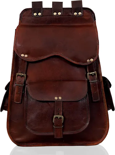 Vista 2 de cuero Mochila de cuero para computadora portátil para hombres y mujeres mejor mochila vintage mochila de viaje multi bolsillo mochila, Marrón, Glb 27