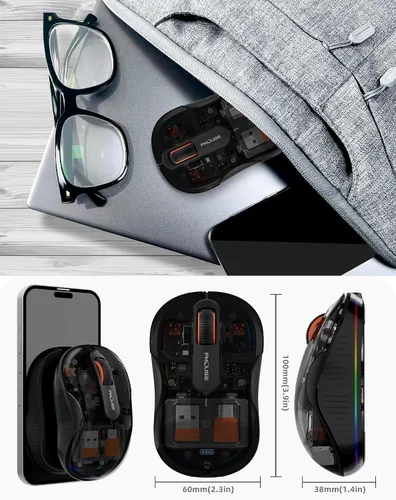 Vista 7 de Ratón inalámbrico Bluetooth, mouse RGB transparente de tres modos, Bluetooth y 2.4 GHz para múltiples dispositivos, receptor USB-C, ideal para Negro