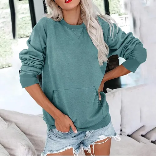 Vista 2 de Sudadera básica lisa de manga larga con cuello redondo para mujer, suave, casual, para otoño e invierno