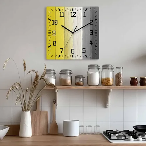 Vista 9 de Reloj de pared de madera amarillo negro blanco silencioso, sin tictac, color granja, reloj de pared cuadrado de madera degradado, funciona