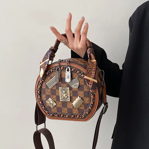 Vista 8 de Bolso vintage para mujer, bolso cruzado redondo con un hombro, bolso circular de gran capacidad, bolso diario para mujeres y niñas (marrón)