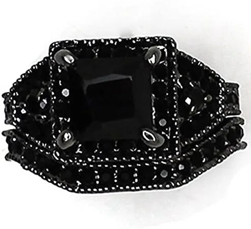 Vista 4 de Juego de anillos de boda de boda de corte princesa ónix negro