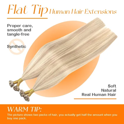 Vista 3 de Sunny Hair Extensiones de cabello humano con queratina, rubio ceniza con reflejos rubio decolorado, extensiones de cabello con punta plana, 14