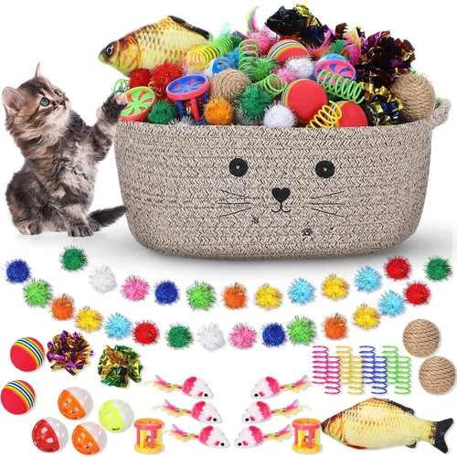 Vista 10 de Zopeal - Juego de 58 cestas de almacenamiento para gatos de verano, juguetes de regalo, bolas intermitentes coloridas para mascotas, bolas Negro
