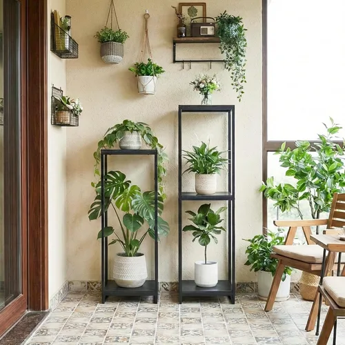 Vista 7 de Soporte para plantas de 34 pulgadas de alto para interiores, estante moderno de 2 niveles, organizador de macetas de esquina para sala de estar