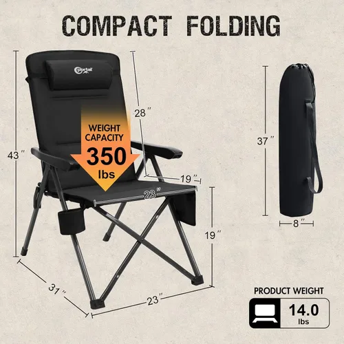 Vista 2 de Portal Silla reclinable de campamento con respaldo ajustable plegable para adultos, portátil, respaldo alto, de gran tamaño, 350 libras (negro)