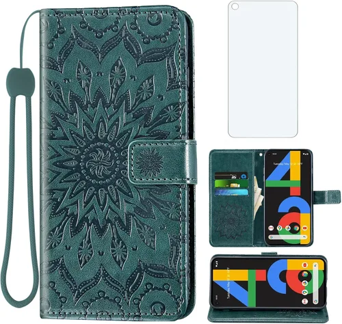 Vista 9 de Asuwish Funda de teléfono para Google Pixel 4a 4G con protector de pantalla de vidrio templado, funda delgada de piel con diseño de girasol, soporte