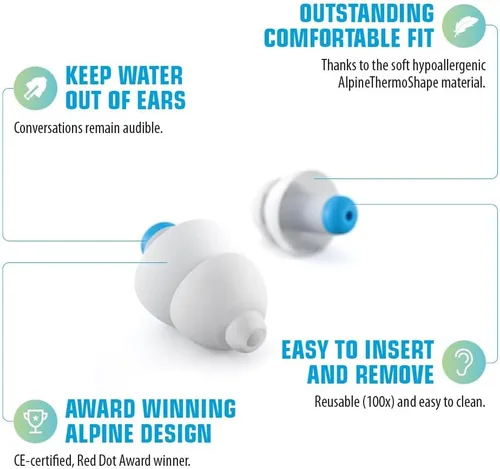 Vista 3 de Alpine SwimSafe - Tapones para los oídos para adultos, protección contra el agua, cómodos tapones impermeables con filtro, hipoalergénicos