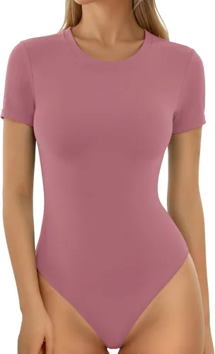 Vista 35 de MANGOPOP - Body de cuello redondo para mujer, manga corta y manga larga, camisetas ajustadas y básicas A1 Manga Corta Negro