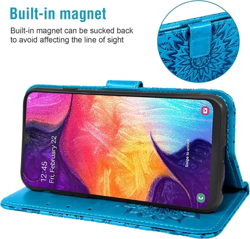 Vista 3 de Funda de teléfono para Samsung Galaxy A50 con protector de pantalla de vidrio templado, funda magnética de cuero, soporte para tarjetas, accesorios