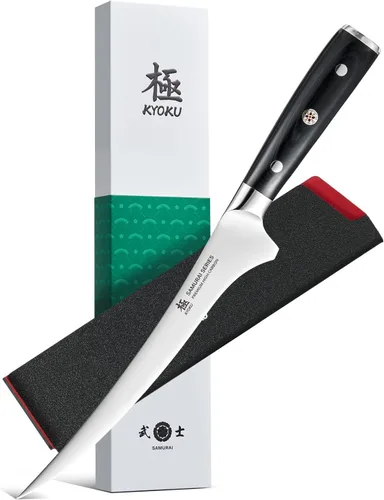 Vista 10 de KYOKU Cuchillo deshuesador de 6,5 pulgadas de la serie Samurai, cuchillo de filetear con mango de madera de Pakka, acero de alto carbono