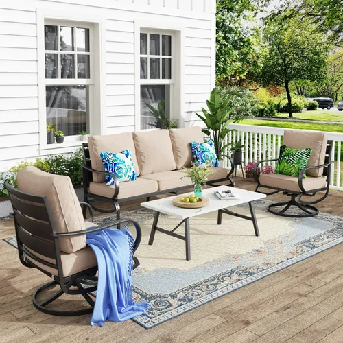 Vista 17 de MFSTUDIO Juegos de muebles de patio, sofás de conversación de metal para exteriores con 1 sofá de 3 asientos para jardín, cojín beige