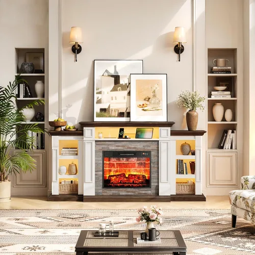 Vista 2 de Soporte de TV con chimenea de 72 pulgadas con toma de corriente y LED, chimenea eléctrica con repisa, centro de entretenimiento con almacenamiento