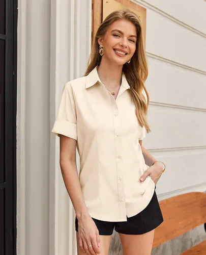 Vista 3 de siliteelon Camisas de vestir de manga corta con botones para mujer, camisas de algodón con botones para mujer, blusa ajustada de manga 3/4 Beige