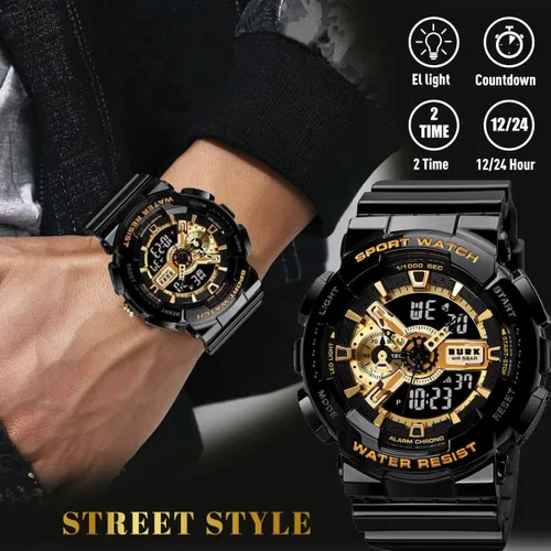 Vista 4 de Reloj de pulsera militar 1688 para hombre, resistente a los golpes, pantalla LED digital de doble tiempo
