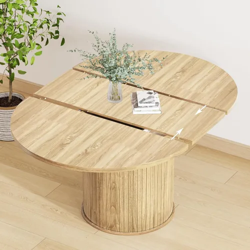 Vista 4 de Mesa de comedor redonda extensible de 43.3-59 pulgadas para 4-6-8, puerta corredera de madera estriada, mesa de cocina ovalada moderna, base