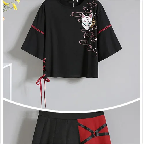 Vista 3 de Conjunto de ropa de verano de anime para mujer, diseño de cinta roja japonesa de Lolita