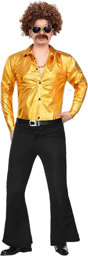 Vista 2 de TOGROP Disfraz de discoteca de los años 70 para hombre, conjunto de camisas doradas de lentejuelas para adultos, cosplay para fiesta de Halloween