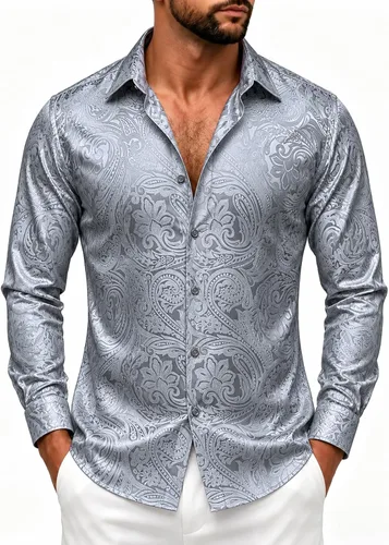 Vista 41 de DiBanGu Camisa de vestir de paisley de seda para hombre, formal, de manga larga, con cuello abotonado, camisas informales para fiesta de boda Negro