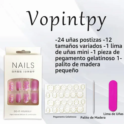 Vista 5 de Uñas postizas a presión con punta francesa de flores blancas, uñas postizas cuadradas de longitud media, uñas postizas con degradado rosa con diseño