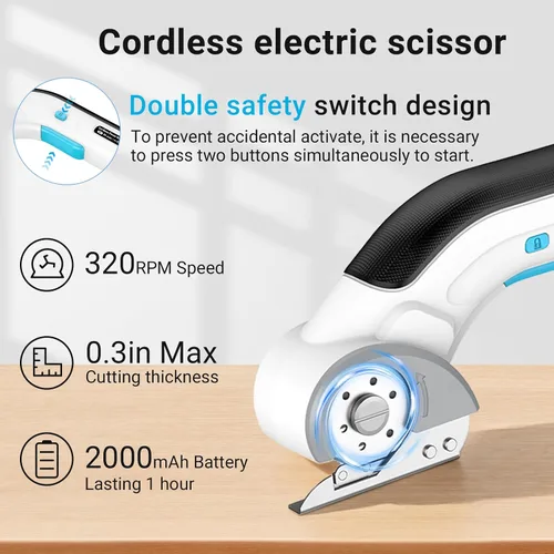 Vista 4 de Tijeras eléctricas inalámbricas, cortador de tela con bloqueo de seguridad, tijeras eléctricas recargables de 4 V para tela, cartón, tela, plástico