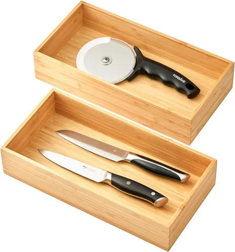 Vista 7 de Umilife Organizador de cajones de cocina de bambú, bandeja de cubiertos extra alta, caja de almacenamiento de cubiertos, soporte multiusos