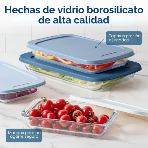 Vista 5 de COOK WITH COLOR - Juego de 8 piezas de refractarios profundos de vidrio con tapas de plástico, para hornear y almacenar alimentos, aptos para Azul