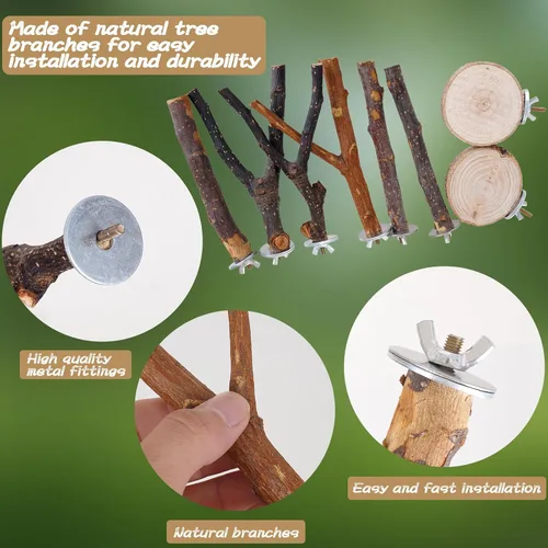 Vista 9 de 8 piezas de perca de pájaro de madera natural para loro, tenedor, juguetes colgantes de múltiples ramas, hamaca de juguete para guacamayos