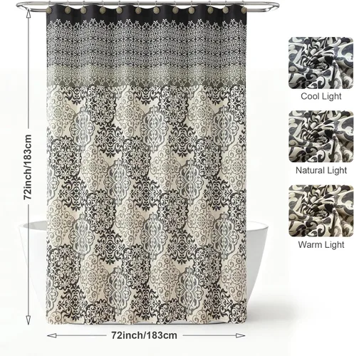 Vista 7 de Cortina de ducha de tela negra y beige, cortina de ducha con estampado de medallón vintage, cortina de baño decorativa impermeable, 72 pulgadas