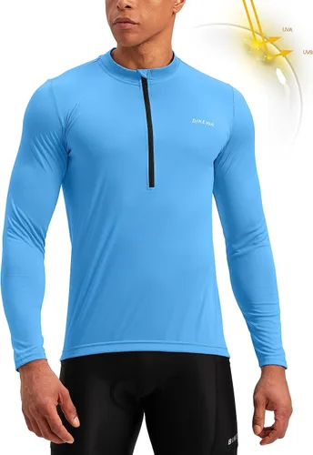 Vista 2 de Bikewa Maillot de ciclismo para hombre con 3+1 bolsillos traseros con cremallera, manga larga, absorción de humedad, UPF 50+ media cremallera
